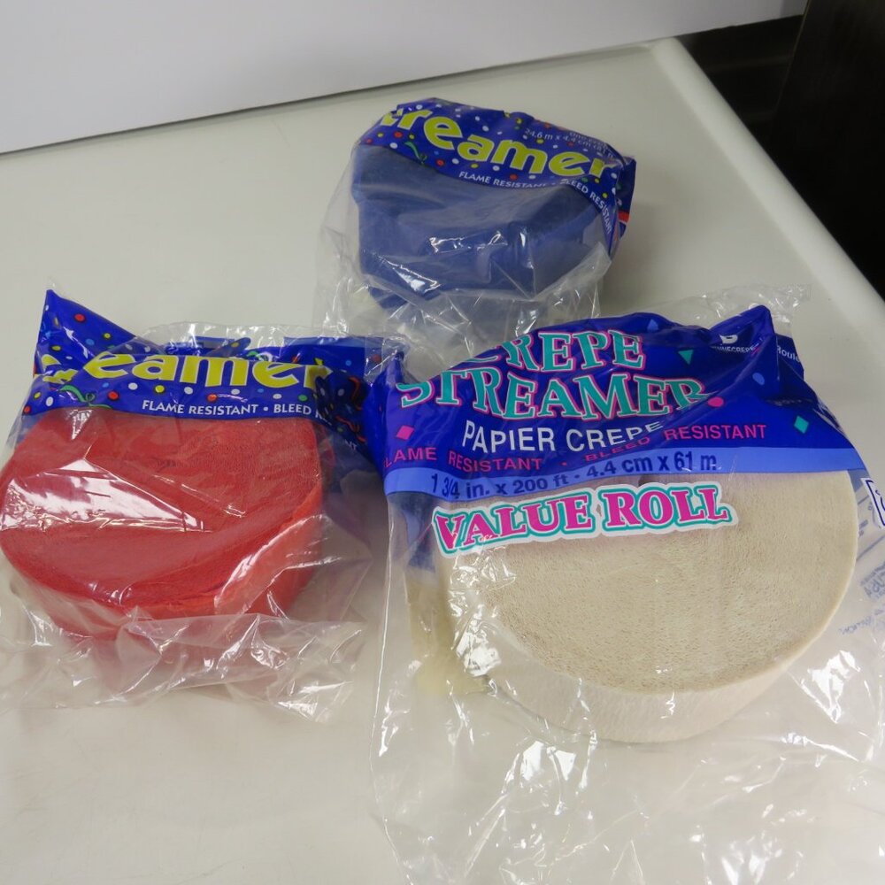 NEW Crepe Paper Red White Blue Streamers 1 3/4" wide variety lengths Patriotic